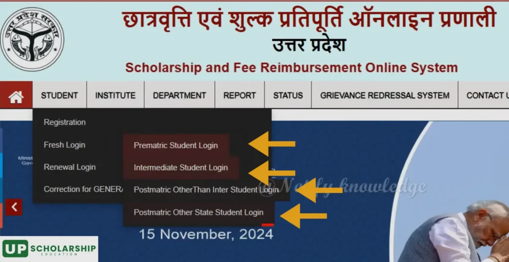 इस इमेज में, आपको रजिस्ट्रेशन, फ्रेश लॉगिन और प्रीमैट्रिक, पोस्टमैट्रिक लॉगिन विकल्प दिखाए गए हैं।